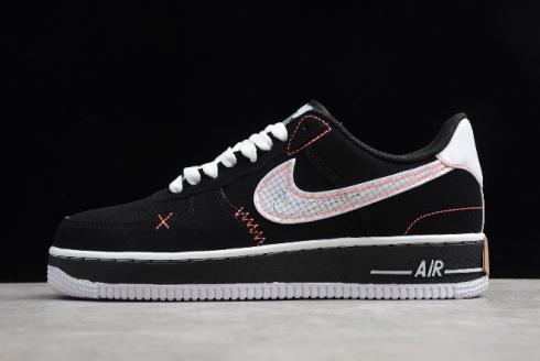 2020 Nike Air Force 1'07 LV8 Exposed Stitching Black White Bright Crimson Green Strike CU6646 001