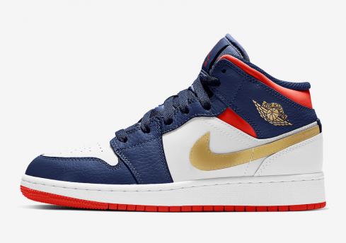 Air Jordan 1 Mid GS USA Olympic Blue Red White Basketball Shoes BQ6931-104