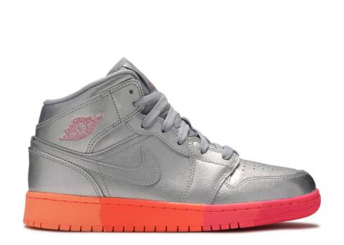 Air Jordan 1 Mid Gs Metallic Silver Pink Crimson Grey Racer Wolf 555112-006