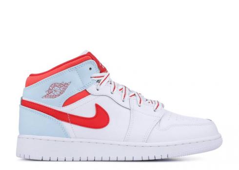 Air Jordan 1 Mid Gs Topaz Mist University Ember White Red Glow 555112-104