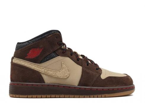 Air Jordan 1 Mid Prem Bg Gs Baroque Brown Khaki Gym Black Red 619049-205
