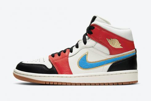Air Jordan 1 Mid Sail Red Black Blue Gold Shoes DC1426-100