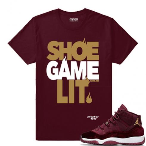 Match Jordan 11 Velve GS Shoe Game Lit Maroon T-shirt