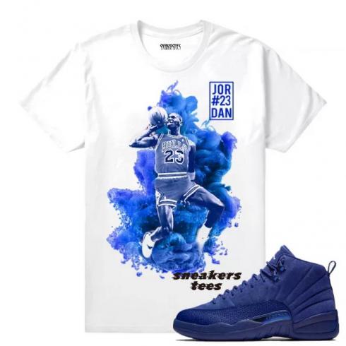 Match Jordan 12 Blue Suede Dirty Sprite x MJ White T-shirt