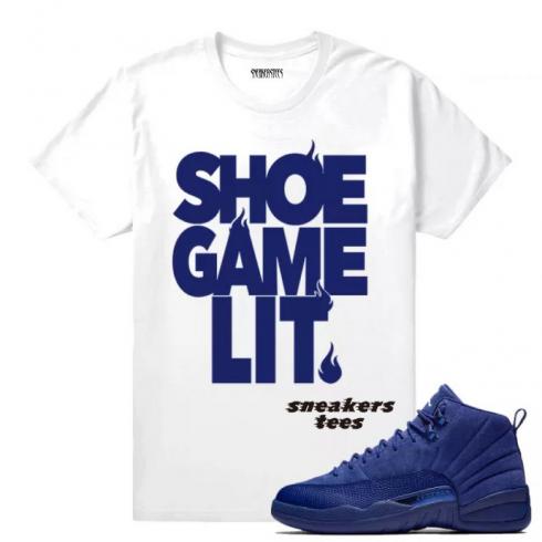 Match Jordan 12 Blue Suede Shoe Game Lit White T-shirt