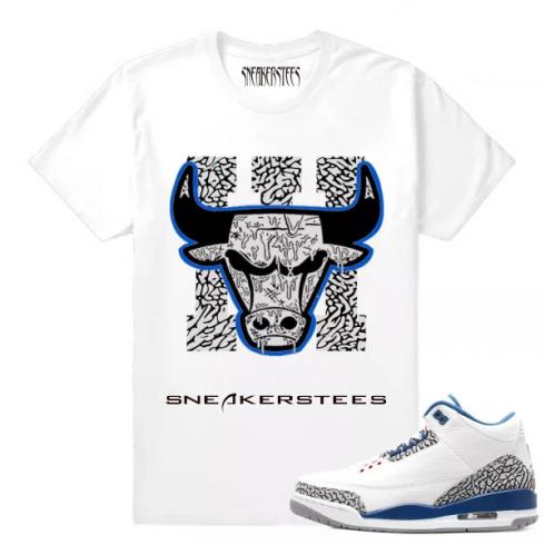 Match Jordan 3 True Blue OG Bull Drip 3s White T shirt