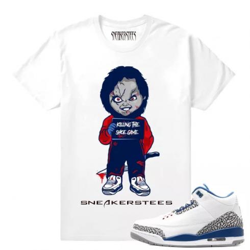 Match Jordan 3 True Blue OG Chucky Killing Shoe Game White T shirt